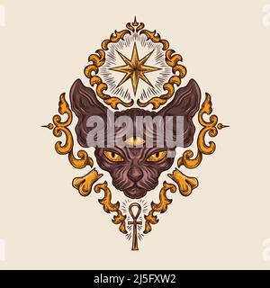 Abstraction vectorielle, chat noir avec trois yeux et une étoile dorée sur sa tête. Elément de conception, esquisse de tatouage Illustration de Vecteur