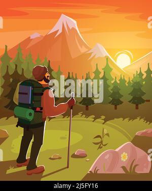 Illustration vectorielle d'un paysage de montagne avec forêt de conifères et touriste avec un sac à dos sur son dos Illustration de Vecteur