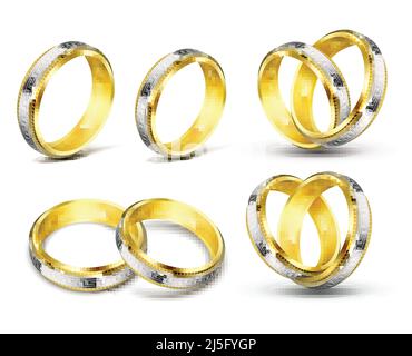 Ensemble d'illustrations vectorielles réalistes des anneaux de mariage en or avec éléments d'argent, platine et gravure avec ombre, isolé sur blanc. Imprimer Illustration de Vecteur
