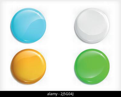 Ensemble de boutons magnétiques ronds ou d'icônes colorés, vierges et brillants, avec des ombres vecteur réaliste isolé sur fond blanc. Clair avec éclat de reflet Illustration de Vecteur