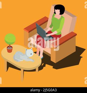 Femme assise sur le fauteuil, dactylographiant sur le clavier, travaillant sur l'illustration vectorielle isométrique de l'ordinateur portable. Utilisateur de pc féminin, travail à domicile, travail à distance ou étude, Illustration de Vecteur