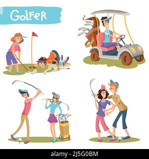 Ensemble de golfeurs de sexe féminin et masculin personnages de dessin animé jouant au golf, l'apprentissage de bâton de retenue, frapper le ballon, conduite de golf voiture vecteur illustration isolée sur wh Illustration de Vecteur