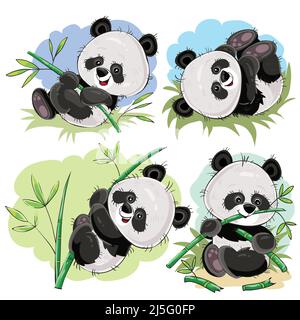 Drôle panda porter bébé jouant sur l'herbe, escalade sur tige de bambou, manger des vecteurs de dessin animé de branche de bambou ensemble isolé sur fond blanc. Mignon anim sauvage Illustration de Vecteur