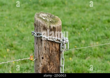 Chaîne enroulée autour d'un poteau de clôture électrique en bois dans un pâturage dans la campagne Banque D'Images