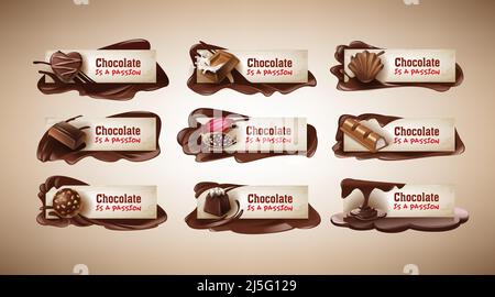 Jeu d'illustrations vectorielles, bannières avec bonbons au chocolat, barre de chocolat, fèves de cacao et chocolat fondu. Modèle, élément de conception pour l'emballage d'un Illustration de Vecteur