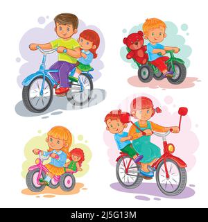 Un ensemble d'icônes vectorielles de petits enfants à vélo Illustration de Vecteur