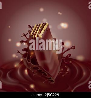 Bannière de promotion Vector, gaufre réaliste et croustillante avec une touche de chocolat fondu isolée sur fond marron. Galette avec garniture à la crème de cacao, sucrée c Illustration de Vecteur