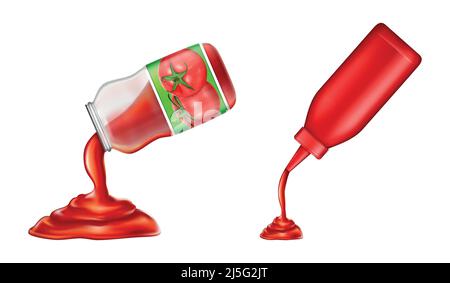 Ensemble vectoriel de ketchup - en bouteille plastique et en verre bocal dans 3D style réaliste. Condiment de tomate rouge, sauce liquide isolée sur fond blanc. Natura Illustration de Vecteur