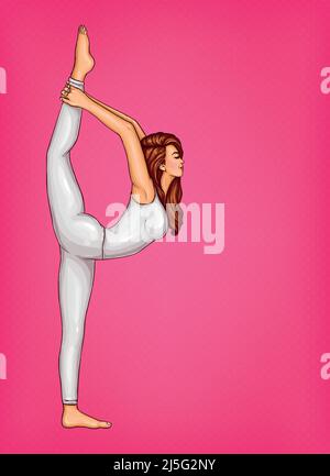 Vector pop art fille en costume blanc faisant de la gymnastique ou du yoga, se tient en position sur une jambe et étire son corps, isolé sur fond rose. Jeune W Illustration de Vecteur