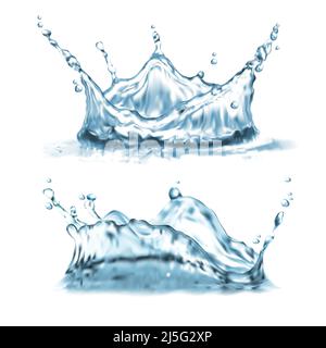Vector 3D Realistic Set avec des éclaboussures d'eau, formes abstraites avec des gouttelettes, splatter couronne, propre et transparent isolé sur l'arrière-plan. Splashi turquoise Illustration de Vecteur