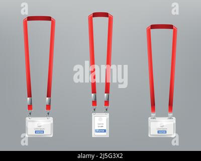 Ensemble vectoriel avec trois badges en plastique réalistes, supports avec clips en métal et cordons rouges, cartes d'identité pour les visiteurs de présentation ou de conférence, presse, moi Illustration de Vecteur