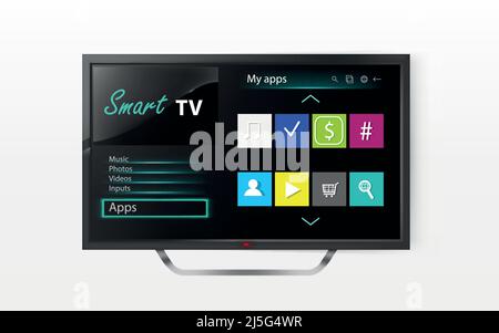 Menu de réglage Vector Smart tv sur l'écran lcd. Maquette de télévision plasma avec programme, système vidéo moderne. Technologie numérique HD. Afficher en 3D réalistes Illustration de Vecteur