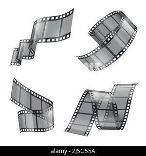 Ensemble vectoriel réaliste de bande de film, film ou bande photo, fragments incurvés, vide et transparent isolé sur l'arrière-plan. Cadres de cinéma rétro avec blac Illustration de Vecteur
