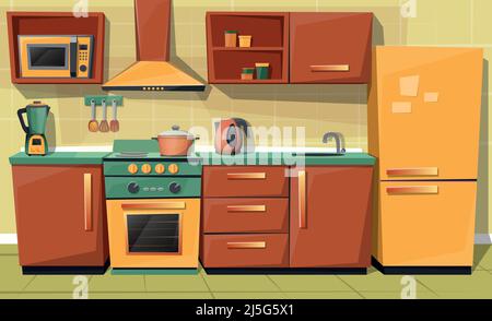 Ensemble de dessin animé vectoriel de comptoir de cuisine avec appareils électroménagers - réfrigérateur, four à micro-ondes, bouilloire, mélangeur, cuisinière avec échappement. Placard, mobilier avec ustensile. Illustration de Vecteur