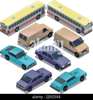 Ensemble vectoriel de transport urbain isométrique. Voitures avec ombres isolées sur fond blanc. Berline, bus, sport, rétro, familiale, voitures de minibus dans le chariot Illustration de Vecteur