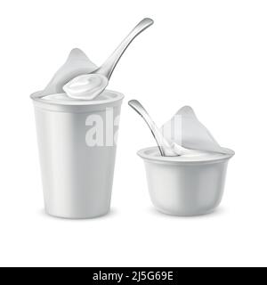 Ensemble vectoriel réaliste de deux pots vierges avec couvercles ouverts en aluminium, récipients en plastique ou pots avec cuillères, remplis de yaourt, lait dessert ou crème aigre. Mo Illustration de Vecteur