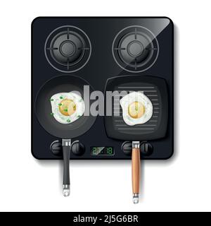 Vector 3D poêle à gaz réaliste. Plaque de cuisson noire avec brûleurs à flamme, plaques de cuisson au feu. Appareil domestique intelligent, technologie moderne. Allumé ou o Illustration de Vecteur