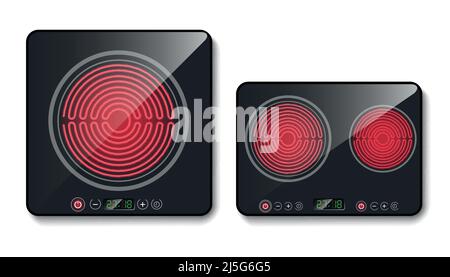 Tables de cuisson à induction noires réalistes Vector ou panneaux de cuisson en vitrocéramique, tables de cuisson avec une ou deux zones de chauffage, isolées en arrière-plan. Cuisinière moderne f Illustration de Vecteur