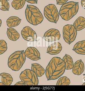 Feuilles d'arbre gravées à motif sans couture. Arrière-plan botanique vintage avec feuillage dessiné à la main. Texture de motif de couleur répétée vectoriel pour l'impression, Illustration de Vecteur