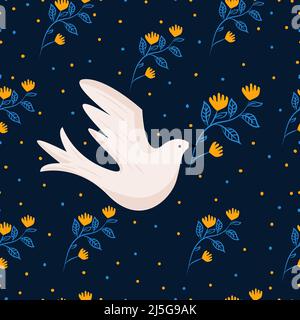 Motif vectoriel sans couture avec colombes, plantes et plumes. Arrière-plan avec des oiseaux et des plantes volants dans les couleurs jaune et bleu. Illustration de Vecteur