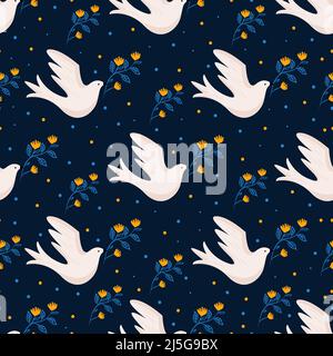 Motif vectoriel sans couture avec colombes, plantes et plumes. Arrière-plan avec des oiseaux et des plantes volants dans les couleurs jaune et bleu. Illustration de Vecteur