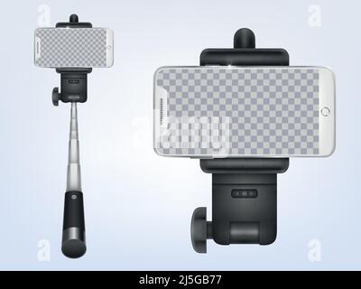 Vector 3D selfiestick réaliste avec smartphone. Écran transparent de l'appareil pour affiche publicitaire, bannière. Monopied avec téléphone, support pour photo, vidéo. Alumi Illustration de Vecteur