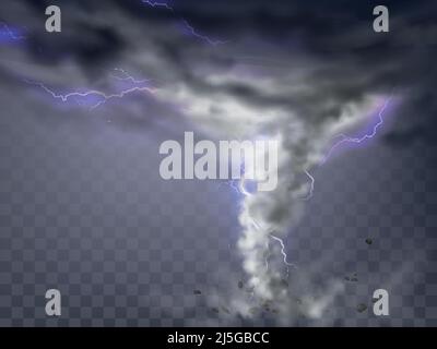 Tornade vecteur réaliste avec des éclairs, ouragan destructeur isolé sur fond transparent. Cyclone à vent, vortex torsadé avec éclairs de lumière Illustration de Vecteur