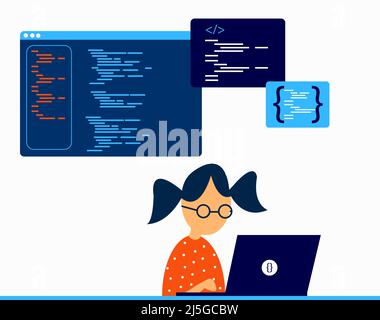 Une petite fille apprenant le langage de programmation Illustration de Vecteur
