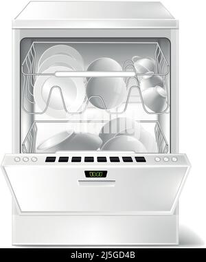 Lave-vaisselle Vector 3D réaliste avec porte ouverte et fermée. Affichage numérique sur lave-vaisselle pour la cuisine. Vue avant de l'appareil isolé sur le dos blanc Illustration de Vecteur