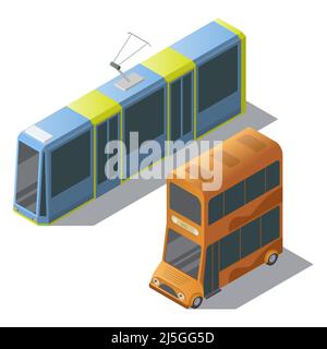 Ensemble vectoriel isométrique avec transport de passagers, bus public à impériale et tramway, isolé en arrière-plan. Des véhicules modernes pour transporter les gens en ville Illustration de Vecteur