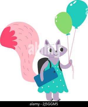 Personnage de raton laveur amusant tenant des ballons gonflables dans les mains. Personnage isolé, animal à fourrure féminin avec sac à main portant une robe. Créature de la forêt comique, Illustration de Vecteur