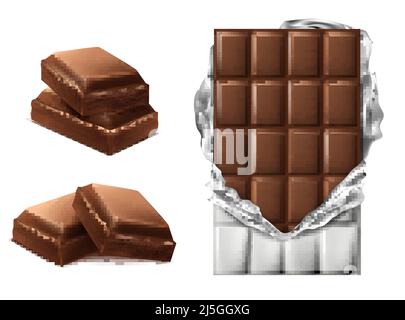 Vector 3D morceaux de chocolat réalistes. Barre délicieuse brune dans un emballage en feuilles déchirées et tranches de chocolat, maquette, modèle d'emballage, élément design. Coco Illustration de Vecteur