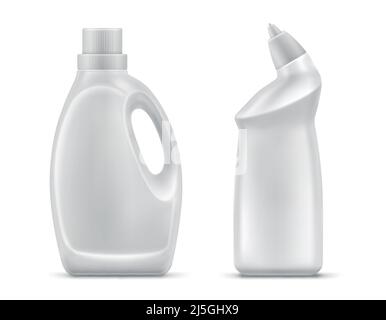 Flacons en plastique vierges pour produits chimiques domestiques avec poignée et pointe courbée vecteur réaliste isolé sur fond blanc. Détergent liquide ou savon, colorant Illustration de Vecteur