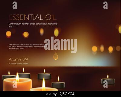 Illustration vectorielle d'une composition réaliste pour la thérapie spa aromatique, la relaxation, la méditation des bougies allumées avec une flamme vive. Affiche publicitaire Illustration de Vecteur