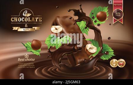 Illustration réaliste Vector 3D, éclaboussures de chocolat fondu et de lait avec une barre de chocolat et des noix. Excellente affiche publicitaire pour promotion Illustration de Vecteur