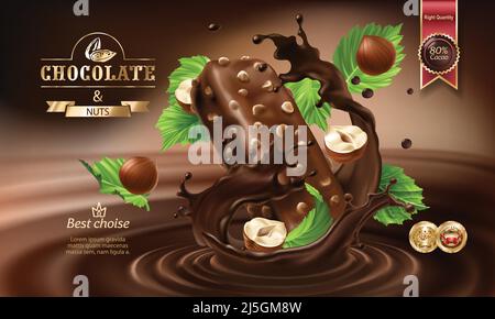 Illustration réaliste Vector 3D, éclaboussures de chocolat fondu et de lait avec une barre de chocolat et des noix. Excellente affiche publicitaire pour promotion Illustration de Vecteur