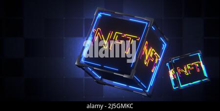 jeton non fongible. Concept de technologie NFT. Inscription NFT sur un cube abstrait technologique. 3d rendu Banque D'Images