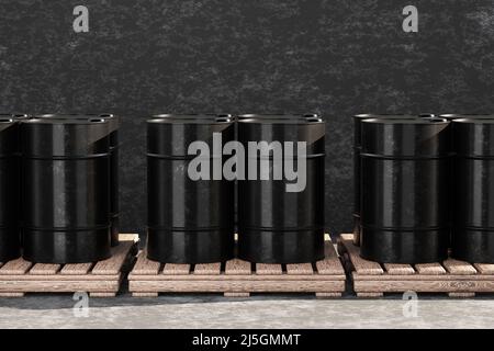 Les fûts métalliques noirs sont sur une palette en bois. 3D rendu. Banque D'Images