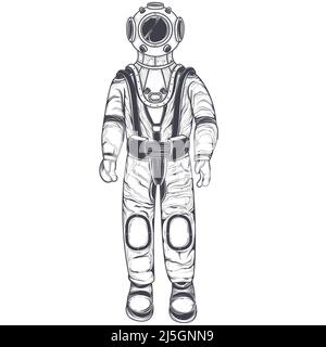 Illustration vectorielle noir et blanc d'un astronaute, cosmonaute dans un costume d'espace et un casque, dans le style d'une gravure, isolé sur un backgroun blanc Illustration de Vecteur