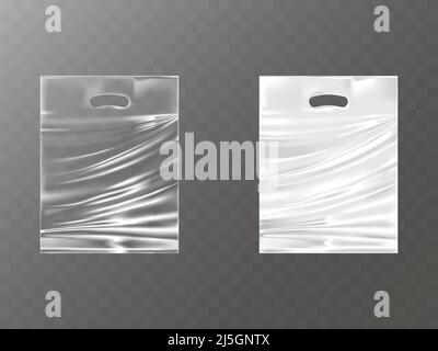 Sac en plastique ou en feuille d'aluminium à plis transparents et blancs avec trou de suspension, illustration vectorielle réaliste isolée. Modèle de paquet vierge pour l'emballage du produit Illustration de Vecteur
