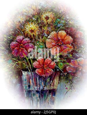 Peinture à l'huile de fleurs dans des vases colorés Banque D'Images