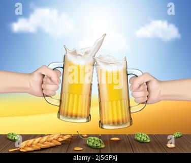 Deux mains vectorielles réalistes tenant des tasses en verre avec de la bière élevée dans un toast festif sur une table en bois avec des oreilles d'orge et des cônes de houblon. Deux pintes Illustration de Vecteur