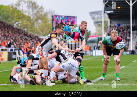 LONDRES, ROYAUME-UNI. 23th avril 2022. Lors du match de rugby Gallagher Premiership entre Harlequins vs Leicester Tigers au stade Twickenham Stoop, le samedi 23 avril 2022. LONDRES, ANGLETERRE. Credit: Taka G Wu/Alay Live News Banque D'Images