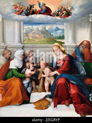 La Sainte famille avec les saints Elizabeth, Zacharias, Jean-Baptiste (et François ?) Par il Garofalo (1481-1559), huile sur toile transférée du bois, c. 1520-35 Banque D'Images