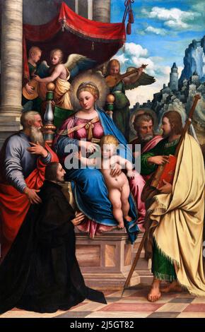 La Vierge à l'enfant avec les saints Joseph, Philippe et James, et Filippo Fasanini à la prière par l'artiste italien de la Renaissance, Girolamo da Trévise (1508-1544), huile sur bois, c. 1532/3 Banque D'Images