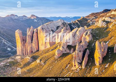 Mallos de Riglos au coucher du soleil, Riglos, de la Hoya, Huesca, Espagne Banque D'Images