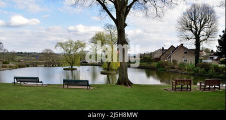 Place assise sur le green surplombant le village de Winterbourne Duck Pond, Bristol, Royaume-Uni Banque D'Images