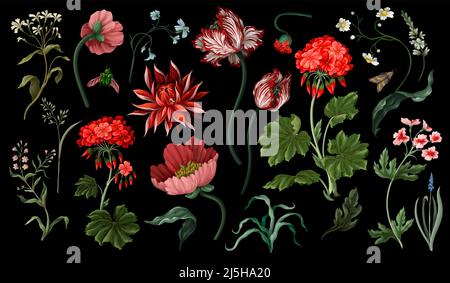 Fleurs botaniques victoriennes et insectes isolés. Tulipe, pivoine et autre. Illustration de Vecteur