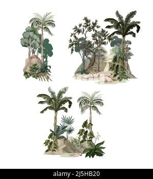 Paysage de jungle avec rivière et palmiers. Vecteur. Illustration de Vecteur