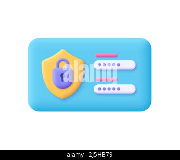 Page de formulaire de connexion avec verrou et mot de passe. Vérification de sécurité, autorisation utilisateur, concept de sécurité Web. 3d icône de vecteur. Style de dessin animé minimaliste. Illustration de Vecteur